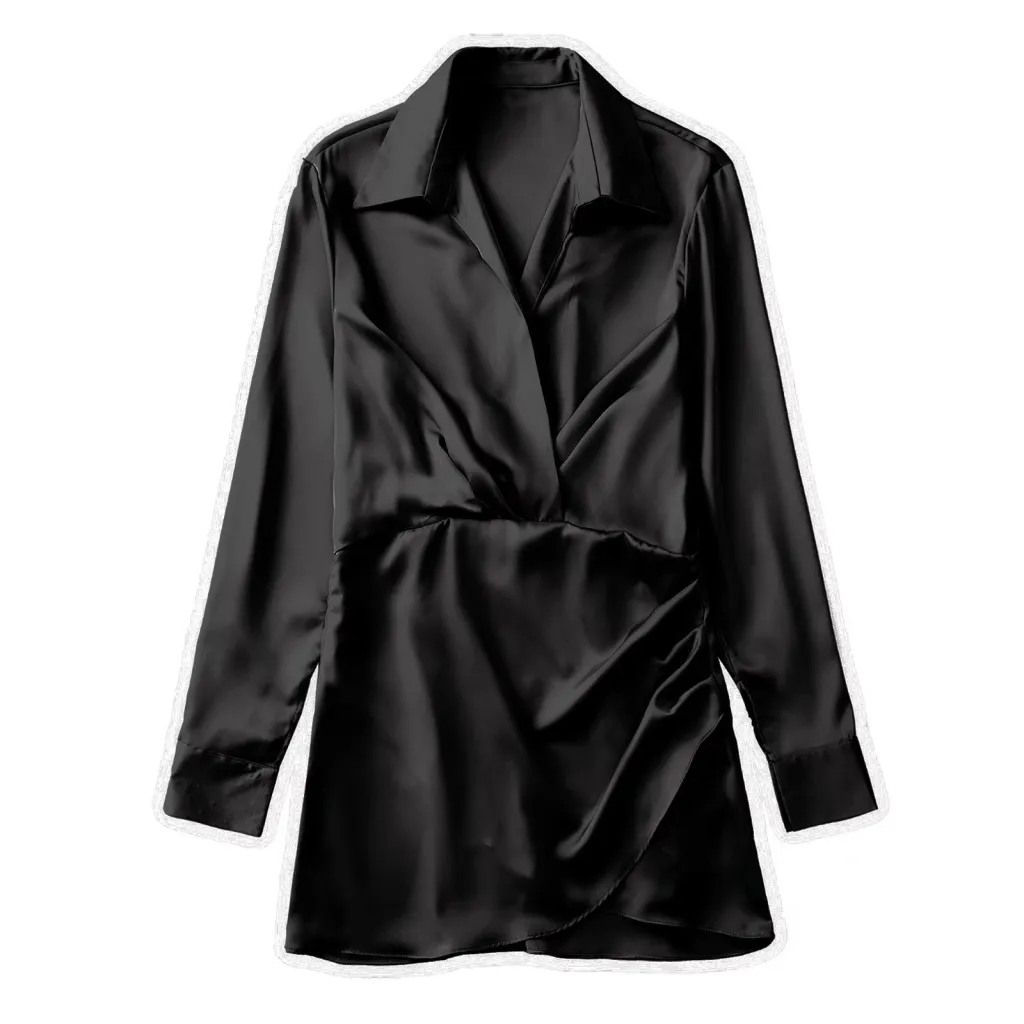 European And American Style Silk Satin Texture Waist Shirt Dress - Black