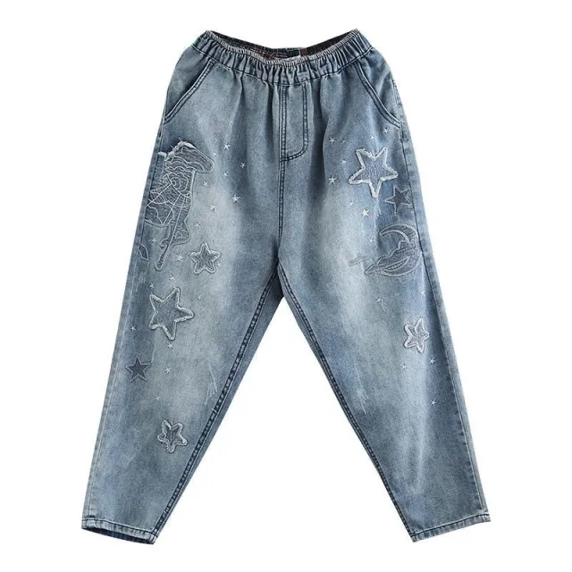 Large Size Elastic Waist Retro Do Old Casual Nine Point Pants Blue - Shop at LoveMi