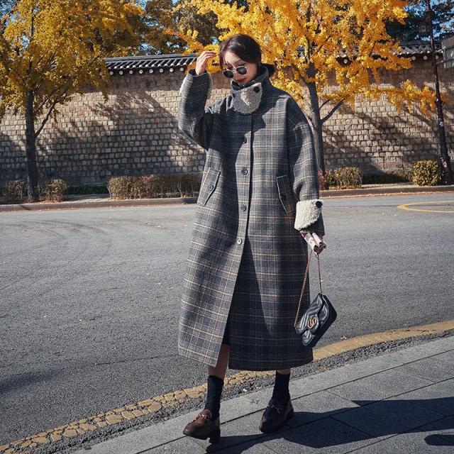 Loose And Thick Temperament Retro Plaid Mid length Woolen Coat Women Retro Grid - Shop at LoveMi