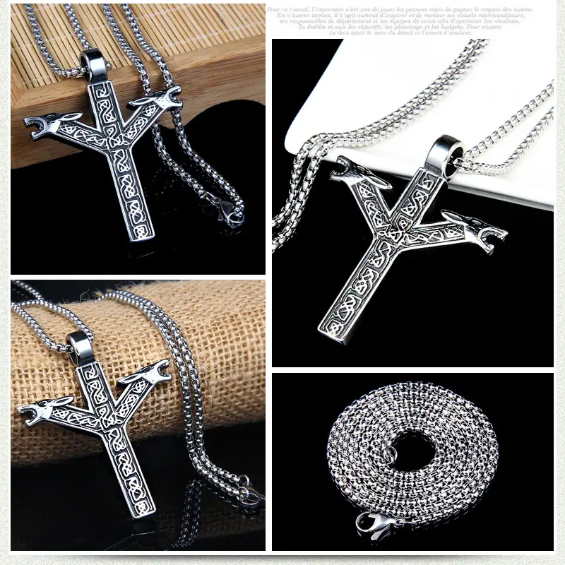 Head Men's Trendy Necklace Retro Stainless Steel Cross Pendant