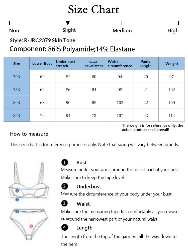 Size chart for women's push-up bra and panty set showing measurements