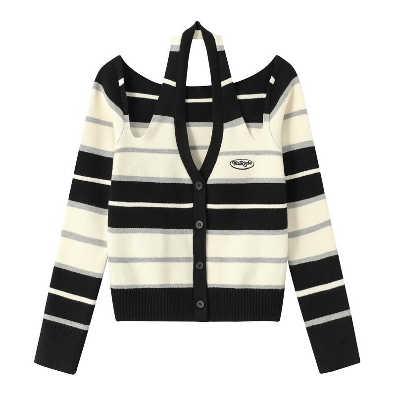 Sweet Halterneck Off-the-shoulder Striped Sweater - Image 2