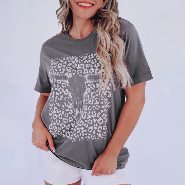 New Leopard Print Top European And American Fashion Women's Wear Round Neck Short Sleeve Loose T shirt Gray - Shop at LoveMi