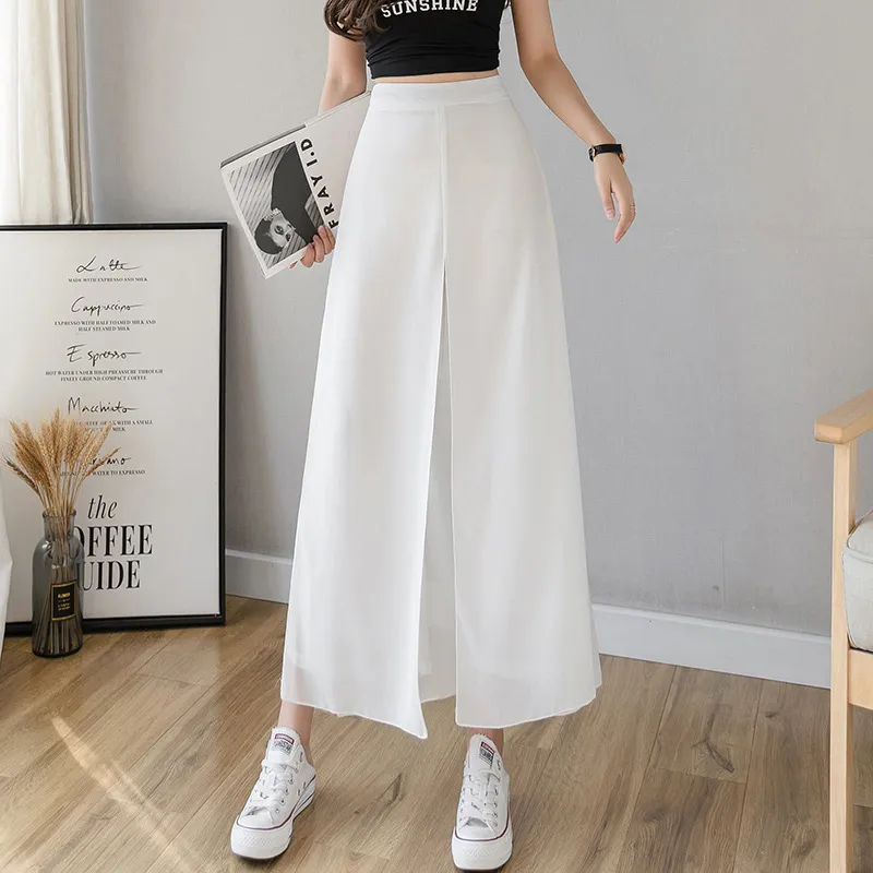 High Waist Slim Fashionable Ice Chiffon Broad Leg Pants Female - White