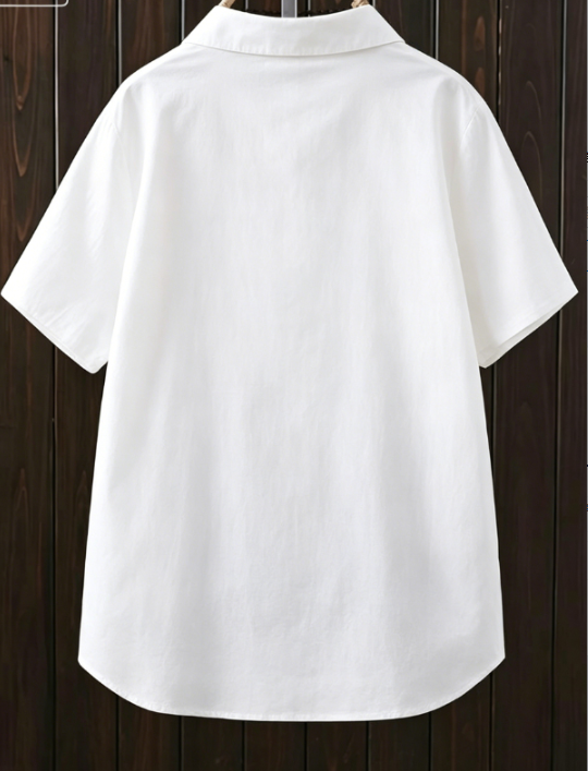 White Cotton-Linen Short-Sleeve Shirt With Dragonfly Embroidery