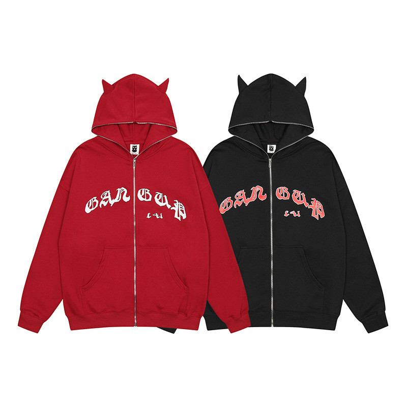 Unisex Little Devil Print Hooded Cardigan Sweatshirt