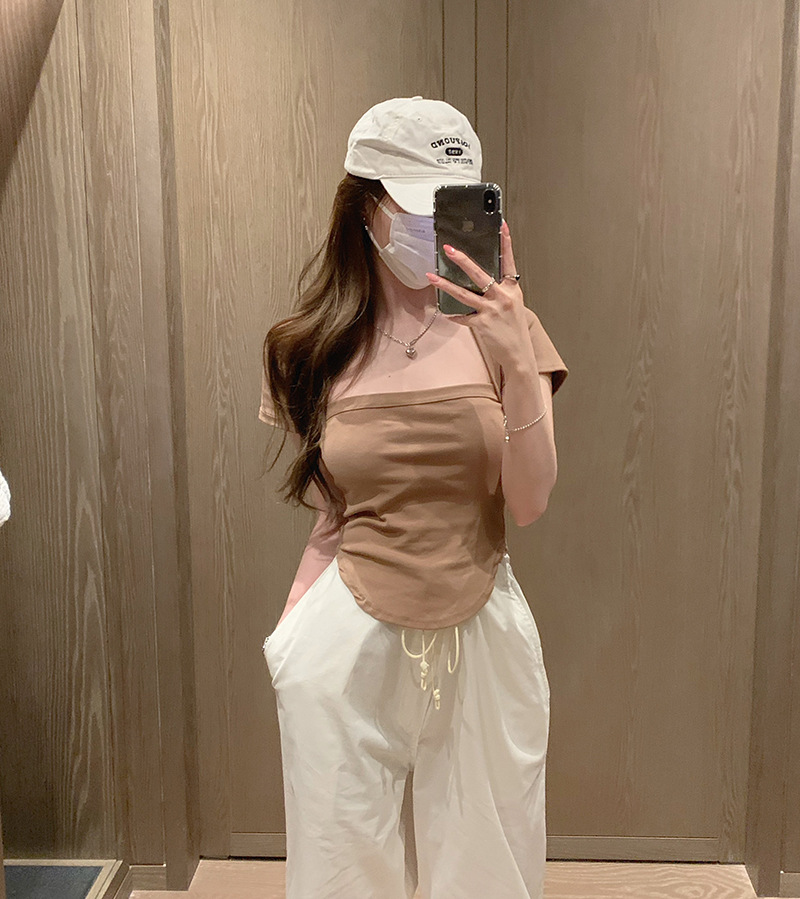 Retro Hot Girl Square Collar Slim Irregular Covering Belly Slim Short Top
