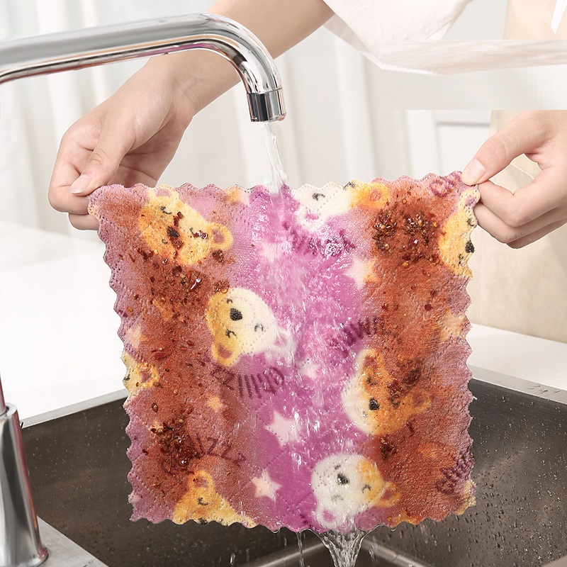 Printed Coral Velvet Rag Double-layer Thickened Absorbent Kitchen Cleaning Oil-free Dish Towel Tablecloth