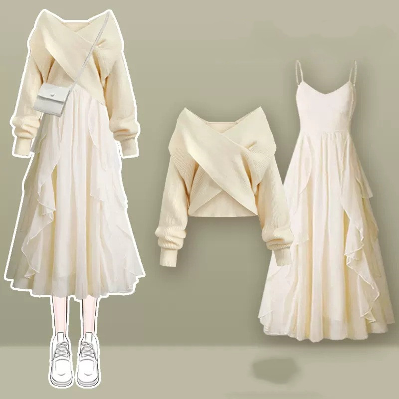 Gentle Tie With Chic Sweater And Suspender Skirt Two piece Suit Apricot Sweater - Shop at LoveMi