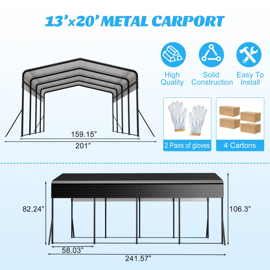 Galvanized Steel Carport Canopy, Heavy Duty Triangle Reinforced Frame, UV-Proof Waterproof Roof, Large Capacity For Car, SUV, Boat, Tractor