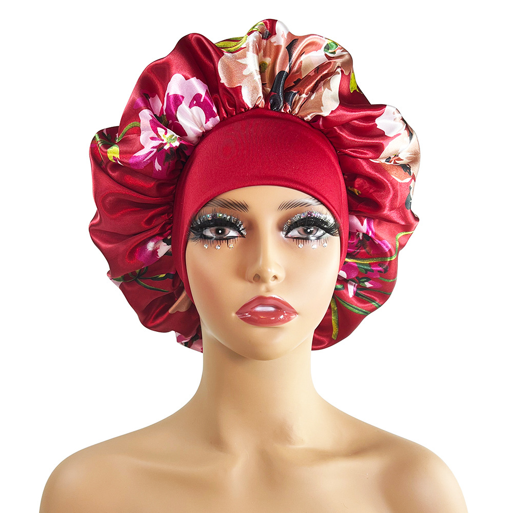 Wide-brimmed Satin Nightcap Printed Round Cap Cross-border New Arrival Printed Home Hat Soft Shower Cap Plus-sized