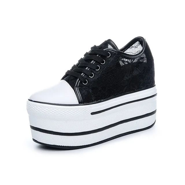 Lace Hollowed Breathable Inner Heightening Shoes Black - Shop at LoveMi
