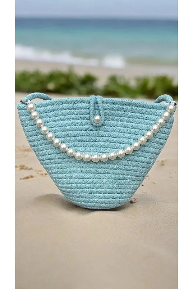 Women Blue Pearl Design Shoulder Bag Elegant Daily Handbag
