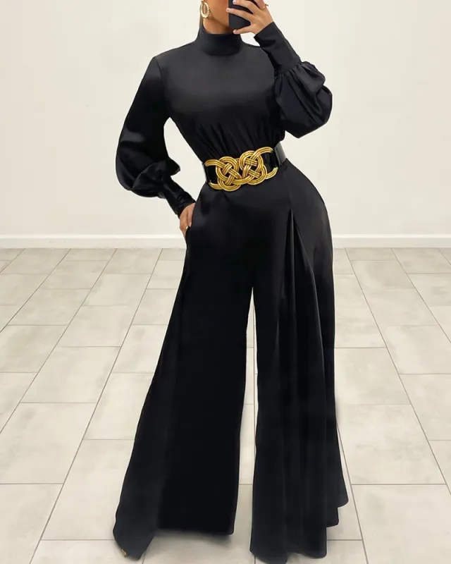 Solid Color Turtleneck Long Sleeve Ladies One Piece Trousers Black - Shop at LoveMi