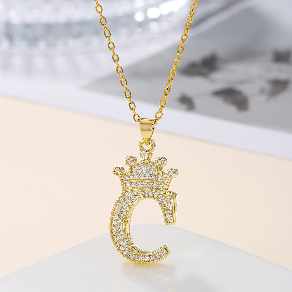 1PCS Fashionable Gold Diamond Crown Uppercase Letter Popular Pendant Necklace Suitable For Daily Use Festivals Parties Gifts Jewelry Set