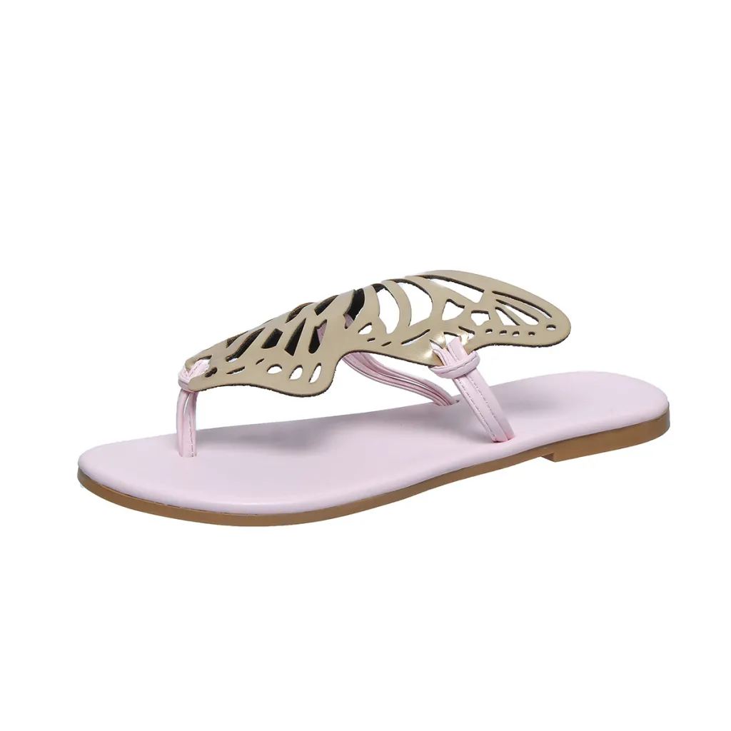 Fashion Hollow Butterfly Flip-Flops Summer Sandals For Women Casual Beach Shoes New Low Heel Flat Slides Slippers - Pink