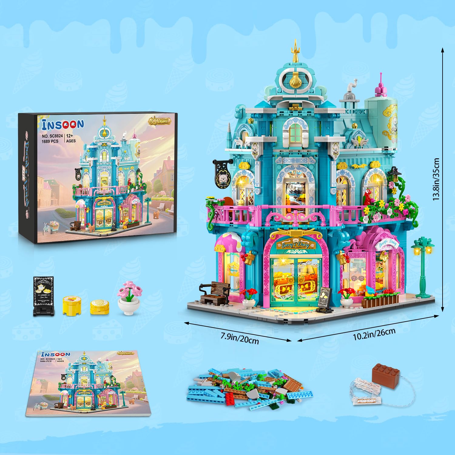 Castle Dairy Bakery Store Building Set With Light, City Dairy House Building Block Toy With Milk Cake Bread, Home Decor Construction Model Kit For Adults Teens Kids Boys Girls Ages