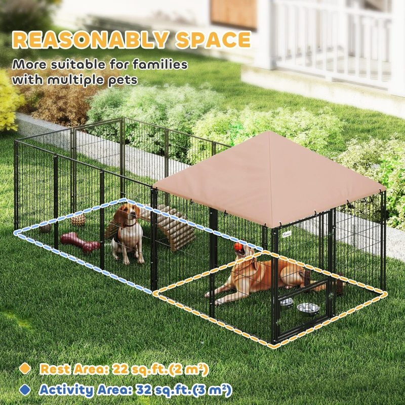 Large Outdoor Dog Kennel With Rotating & Adjustable Height Bowls, Waterproof & UV-Resistant Canopy