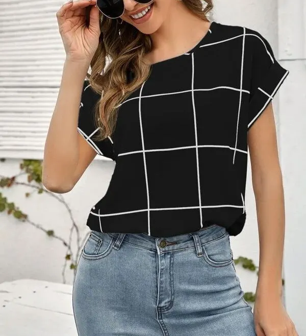 Check Print Drop Shoulder Short Sleeve Shirt Top Black - Shop at LoveMi