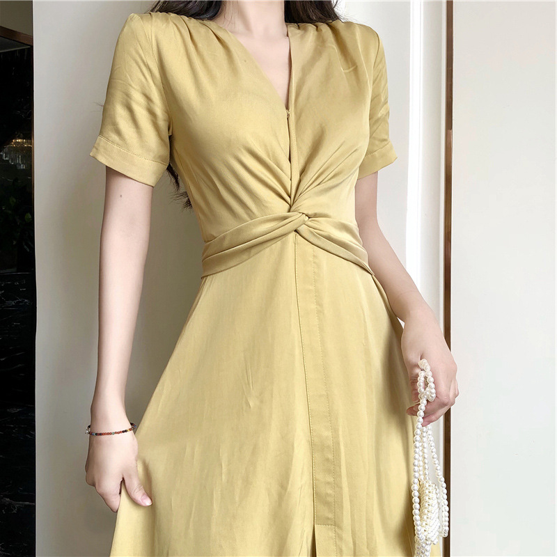 Light Yellow Long Skirt French Bellflower Waist Dress