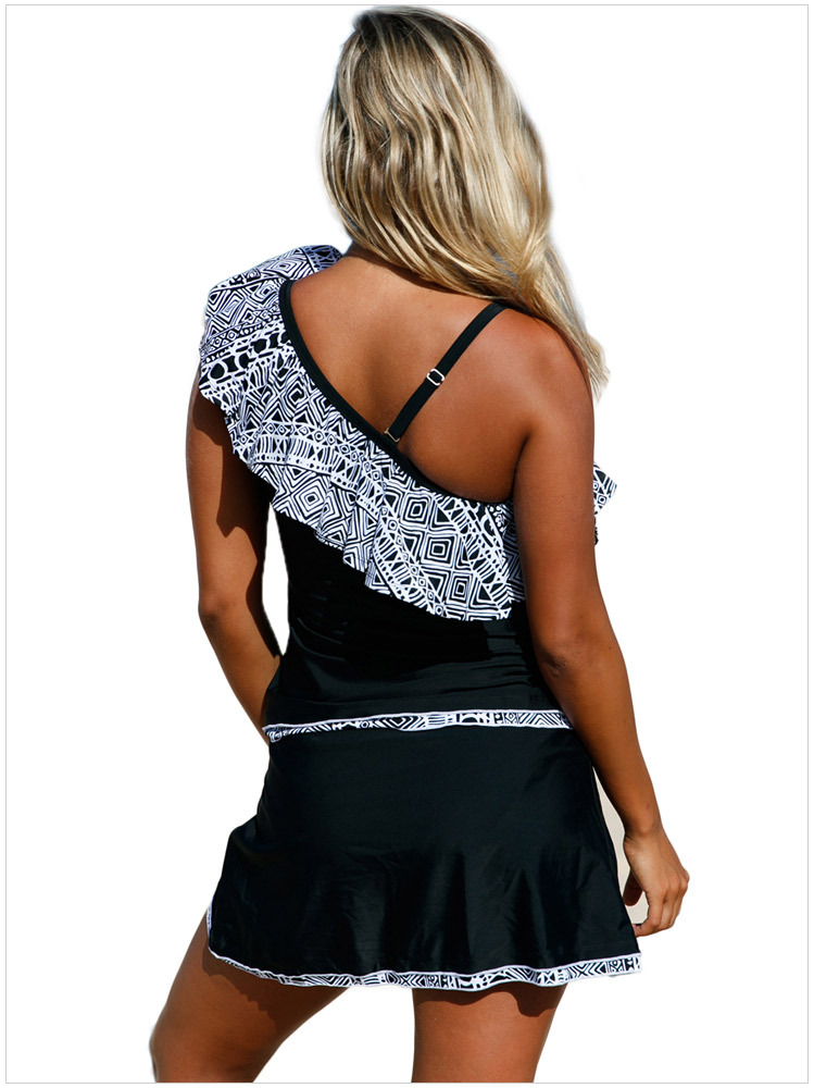 Geometric Print Ruffled Beach Skirt Split Swimsuit