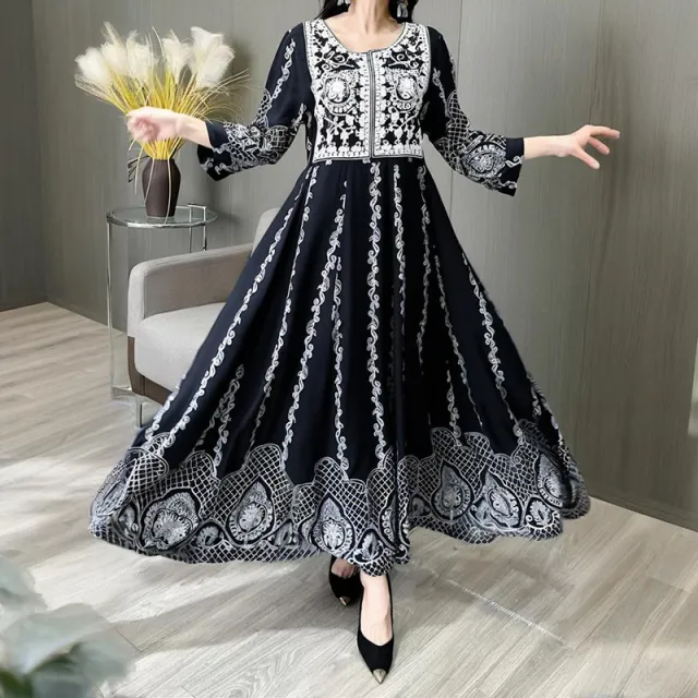 Women's Ethnic Style Floral Embroidered Dress, Elegant 3 4 Sleeve Swing Dress Black - Shop at LoveMi