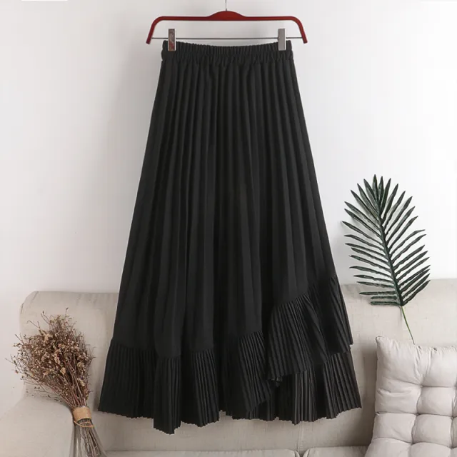 High Waist Elastic Waist Big Pleated Pleated Stitching Asymmetrical Hem Skirt Women Black - Shop at LoveMi