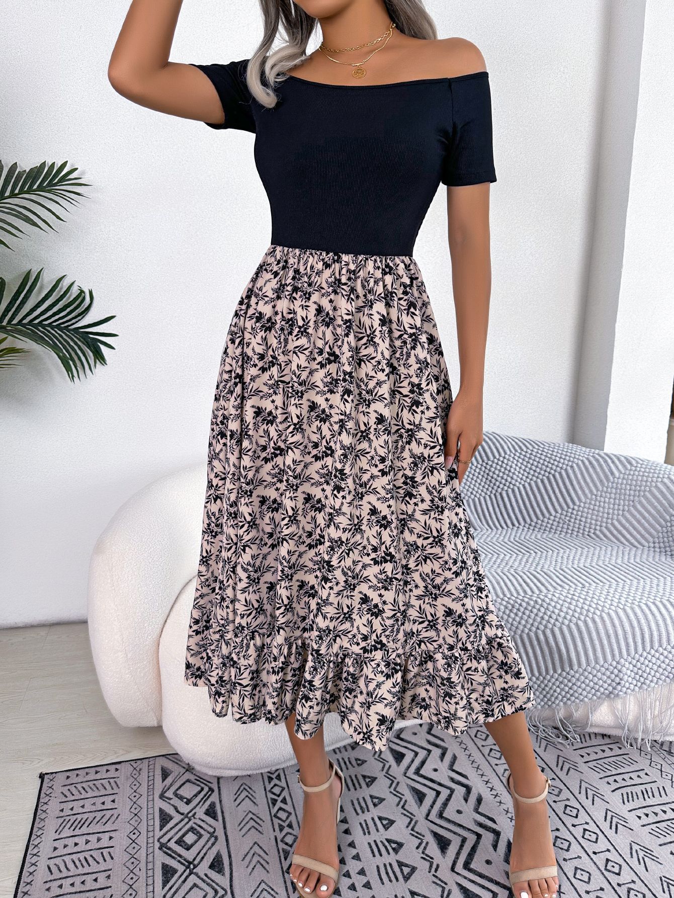 Women Casual Off Shoulder Floral Print Ruffle Midi Dress