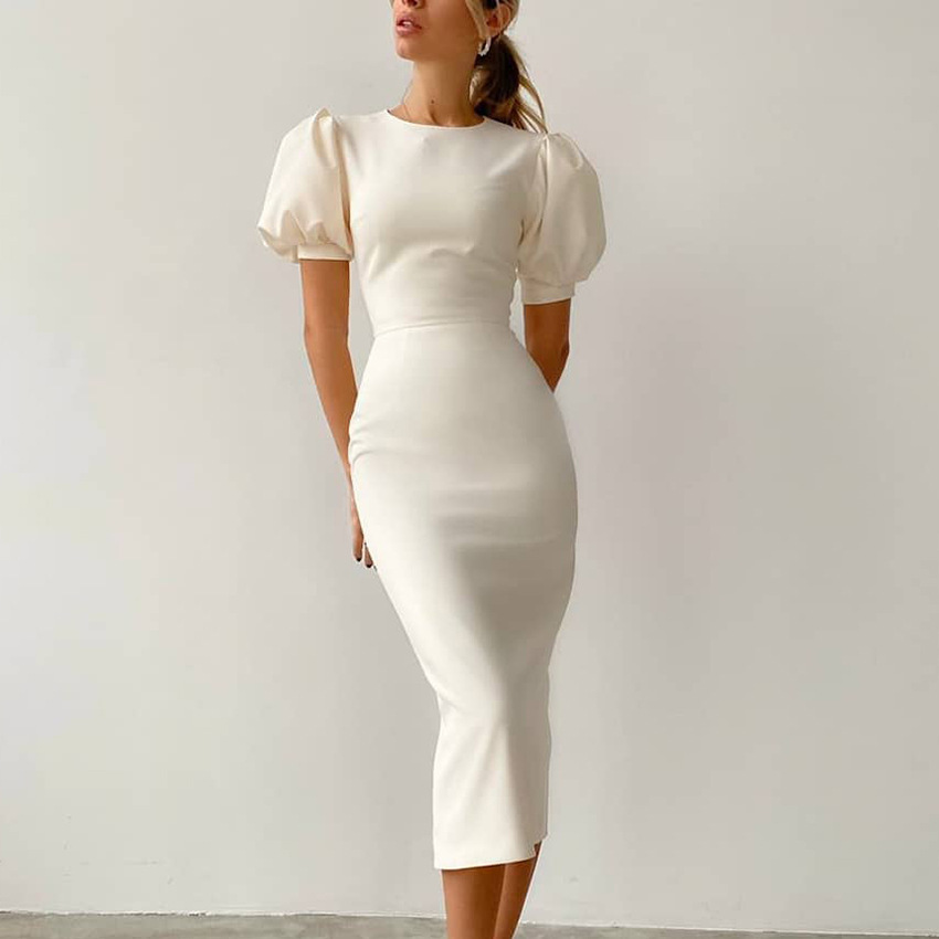 Fashion Ladies Tight High Waist Puff Sleeve Dress