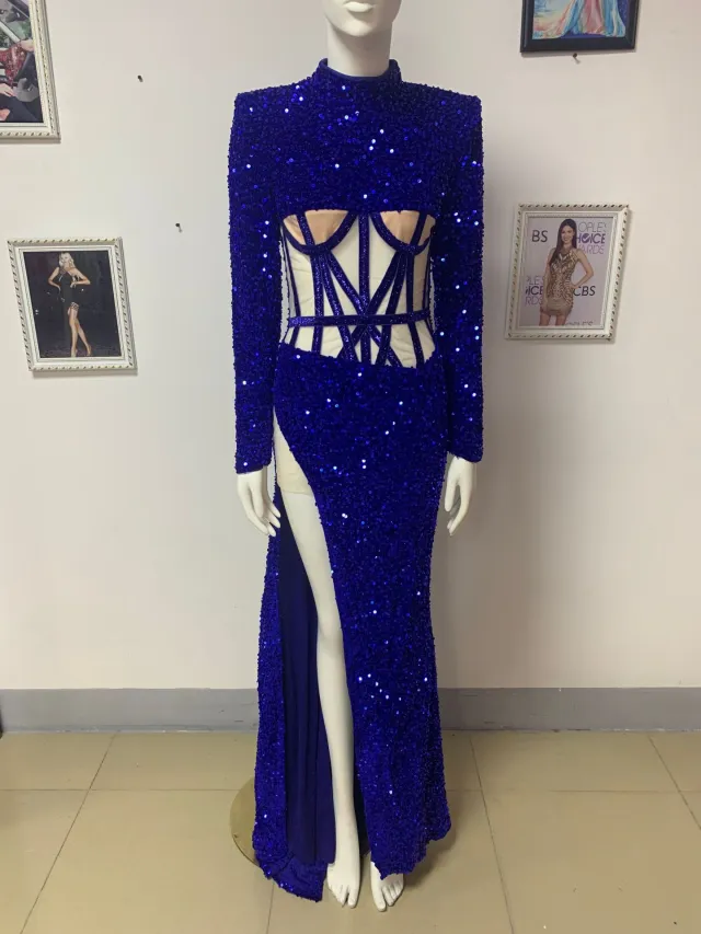 Blue Siren Ji Sequin See through Dress With High Slit Blue - Shop at LoveMi