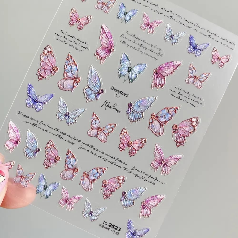 Embossed Black-and-white Butterfly Rose Nail Stickers