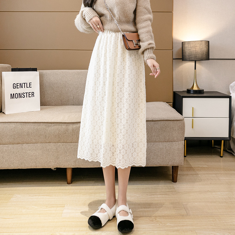 Pure Color High Waist Thick Hollow Lace Skirt Mid length Apricot - Shop at LoveMi