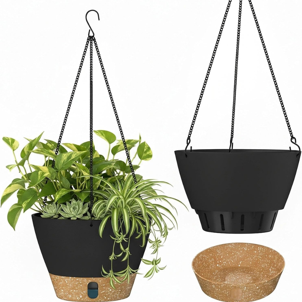 2 Pack 10 Inch Gray Hanging Planters With Iron Chain Hook For Indoor Outdoor Plants Balcony Patio