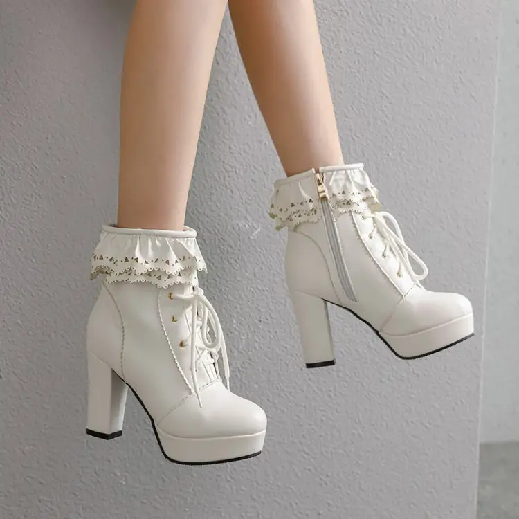 Autumn And Winter Lace Up Women's Thick Heel Lace Fashion Boots