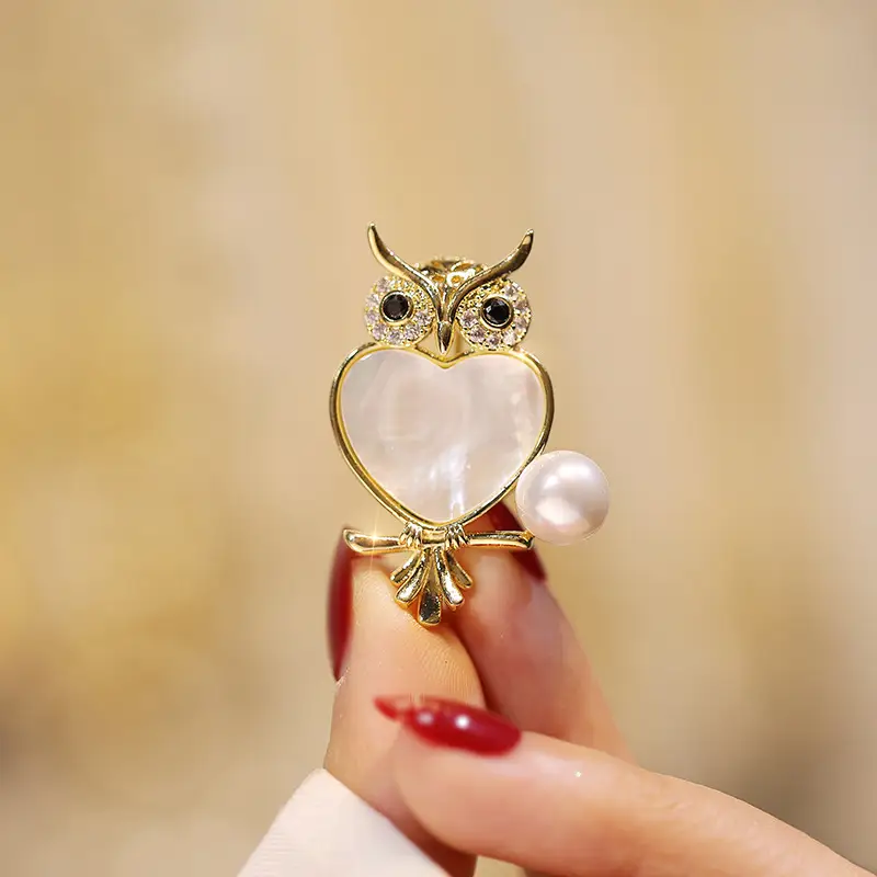 Natural Pearl Copper Zircon Owl Brooch
