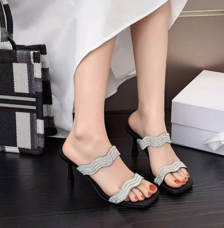 Water Diamond Straight Strap Slippers For Women, High Heels, Cool Slippers, Fashionable