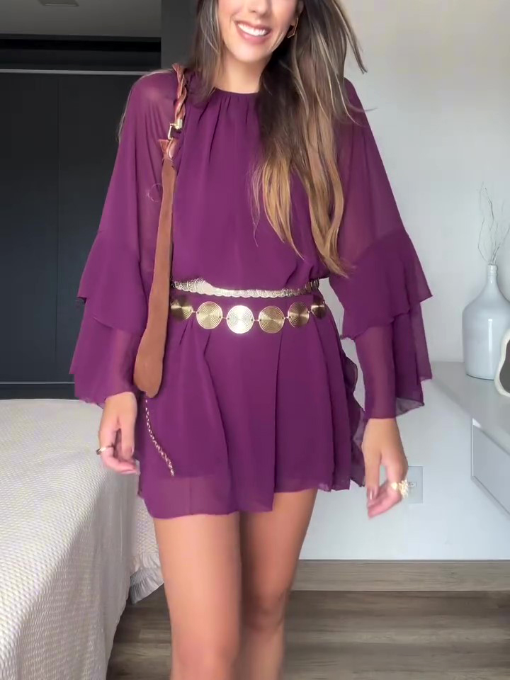 Plum Bohemian Ruffled Long Sleeve Dress