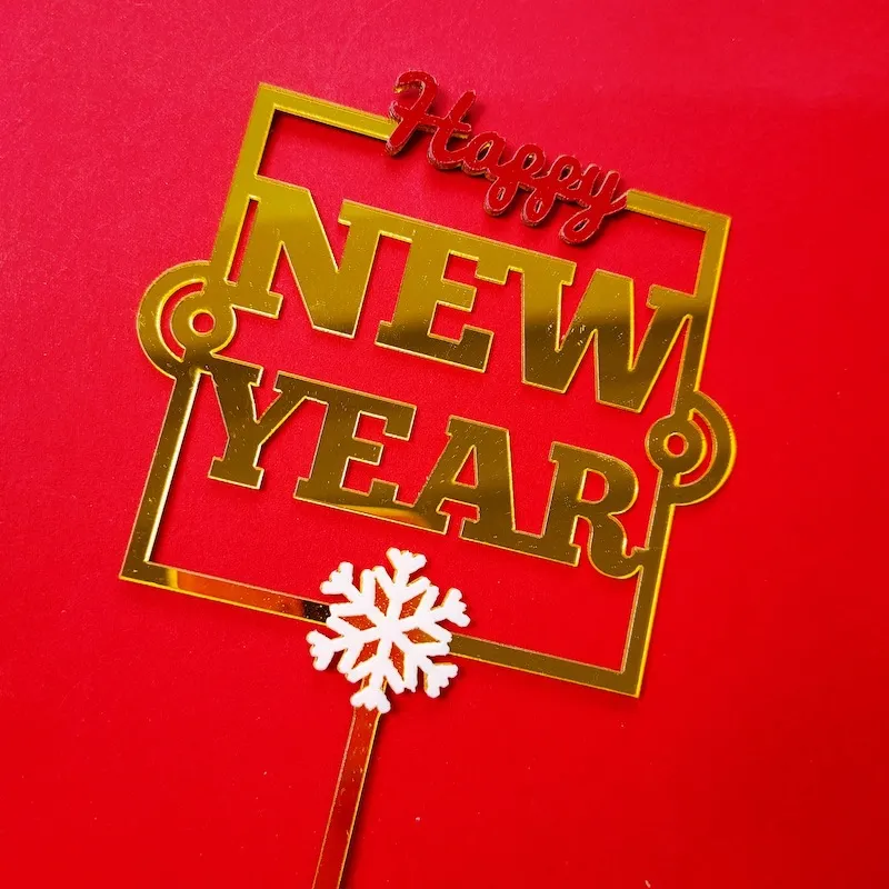 Double-layer Snowflake Happy New Year Acrylic Cake Insert Plate Dessert Table Decoration - Gold