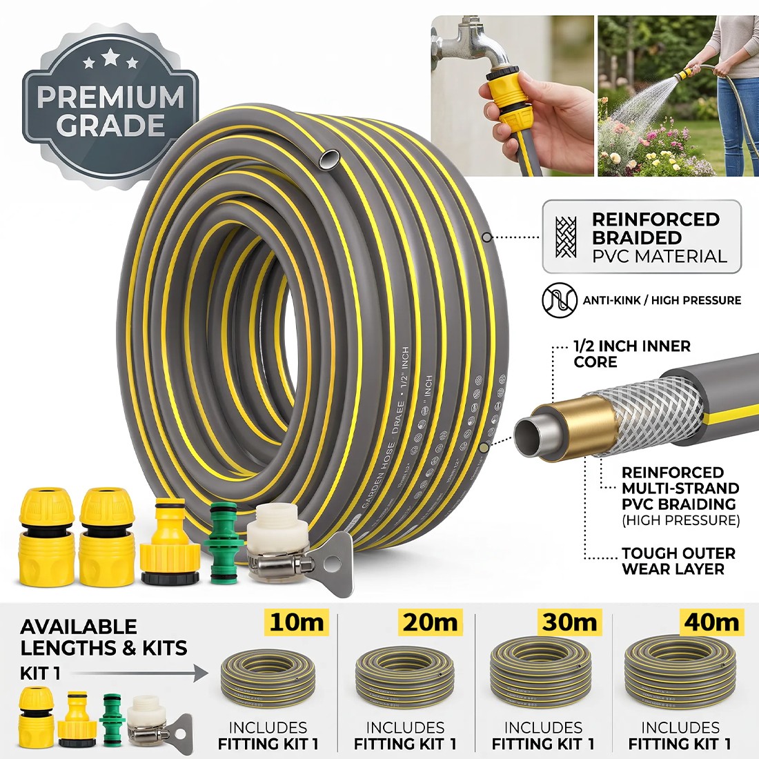 10M-50M Garden Hose Pipe Reinforced Braided PVC Gardening Watering Hosepipe Reel — image 6