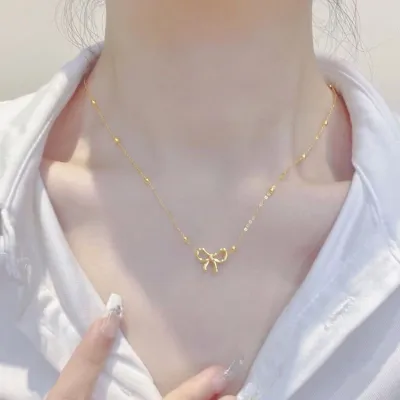 Titanium Steel Non Fading Cute Hollow Bow Pendant Necklace