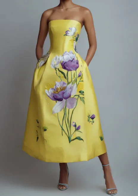 Yellow Floral Print Strapless Midi Dress Yellow - Shop at LoveMi