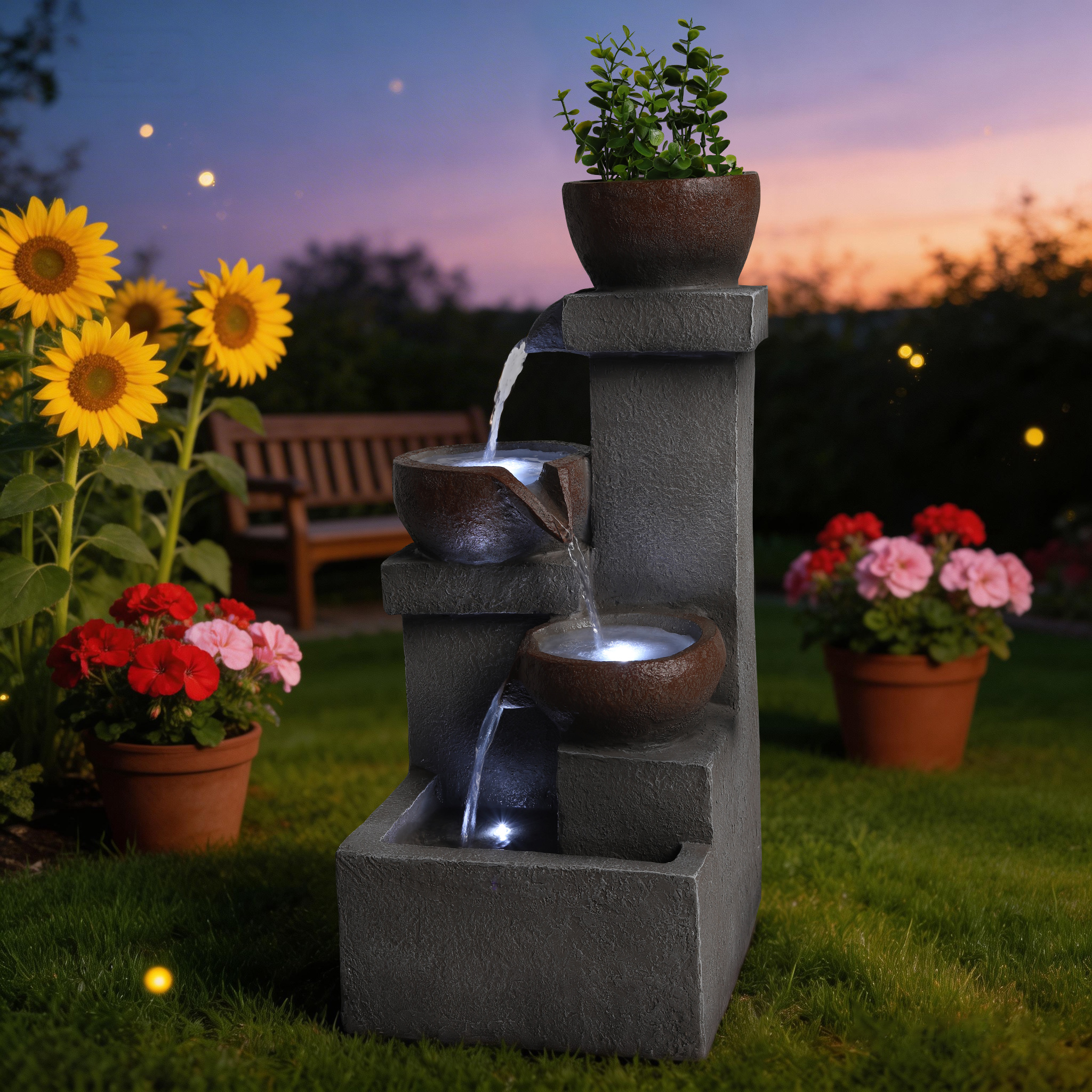 Outdoor Water Fountain Tiered Cascading Jar Waterfall Resin Garden Patio Decor With LED Lights — foto 9