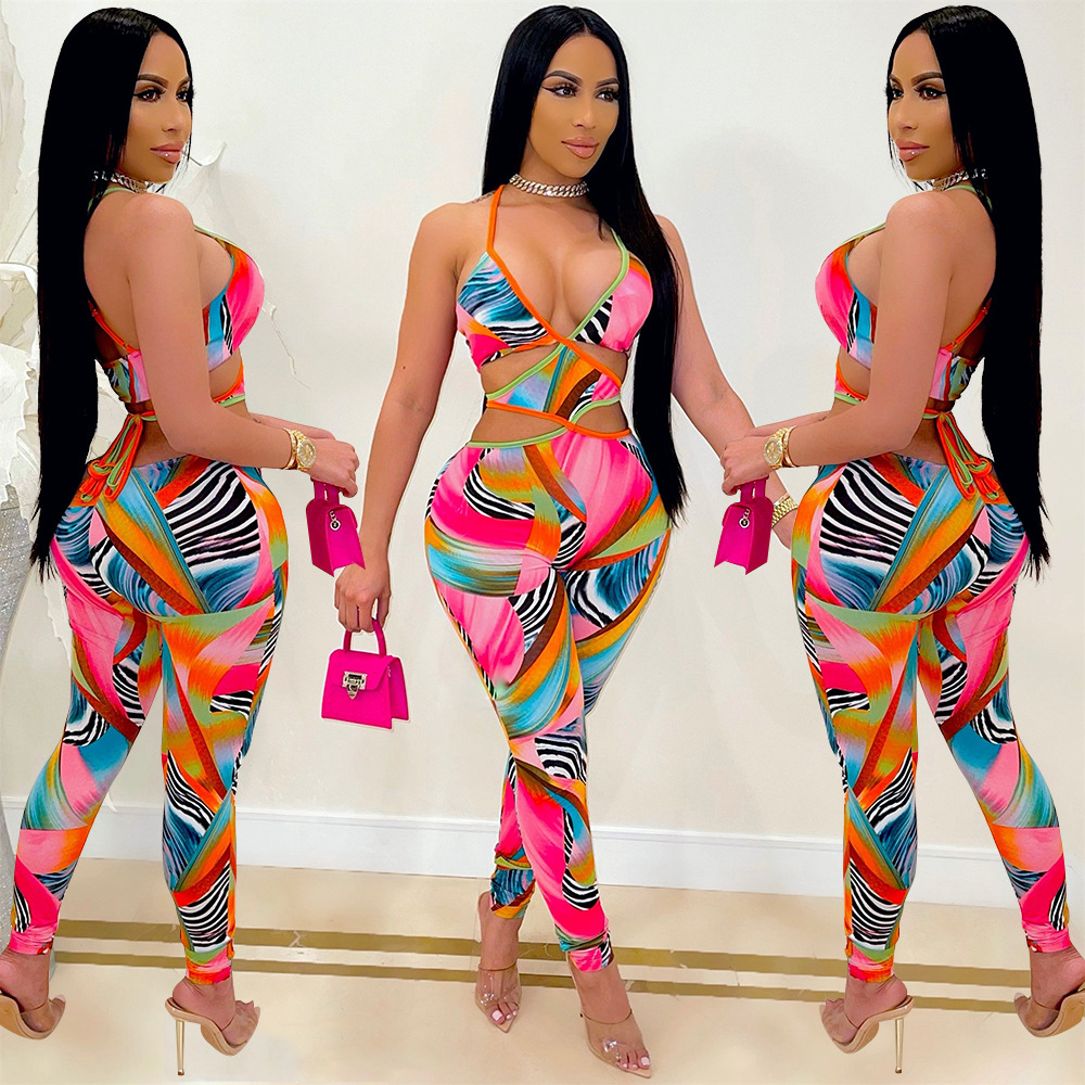 Fashion Sexy Nightclub Print Cross-Tie Jumpsuit