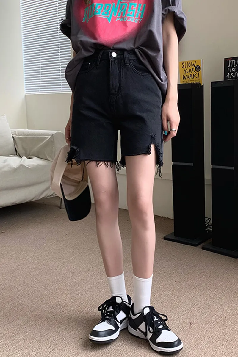 Women's Black Fashion Personality Ripped Jeans - Black