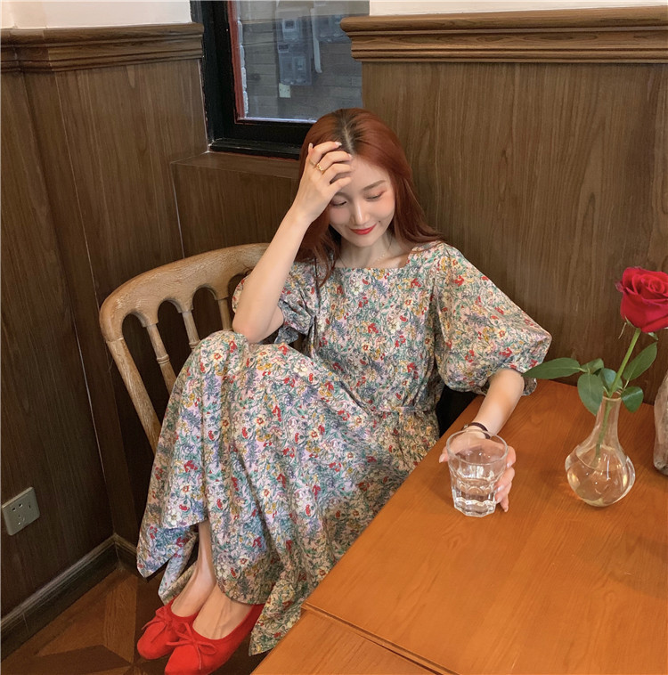 French Retro Puff Sleeve Floral Short Sleeve Dress