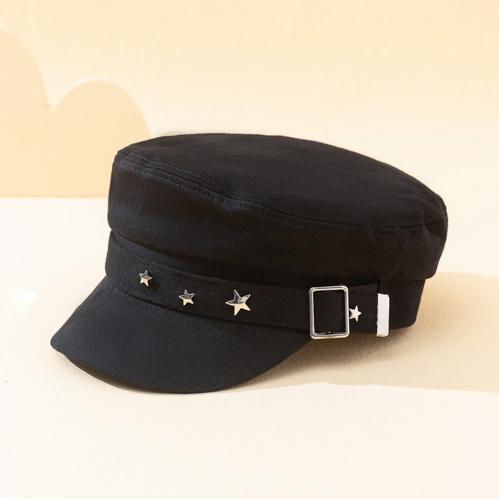 Y2K Stylish And Cool Star Shaped Rivet Navy Cap With Unique Metal Fastener Short Brimped Newsboy Hat For Autumn Winter Outfit Retro Street Flat-top Hat