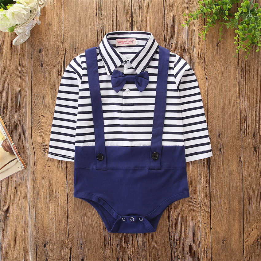 Spring And Autumn Casual Men's And Women's Baby Cute Navy Striped Long-sleeved Short-climbing Romper