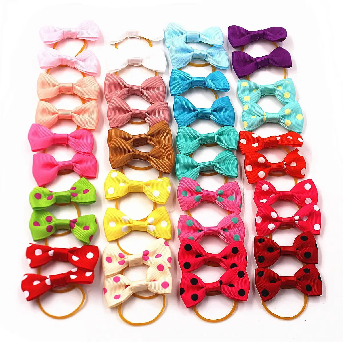 20 Colors Pet Dog Polka Dot Solid Color Small Bow And Rubber Band Hair Tie