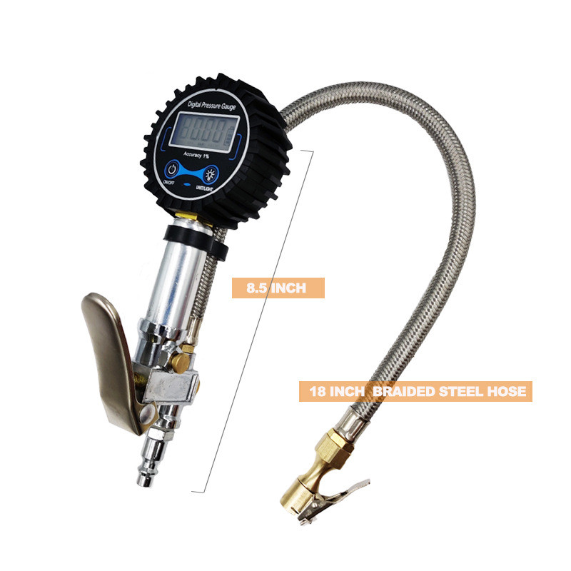Silver Inflation Gun, Metal Braided Hose, Digital Tire Pressure Gun