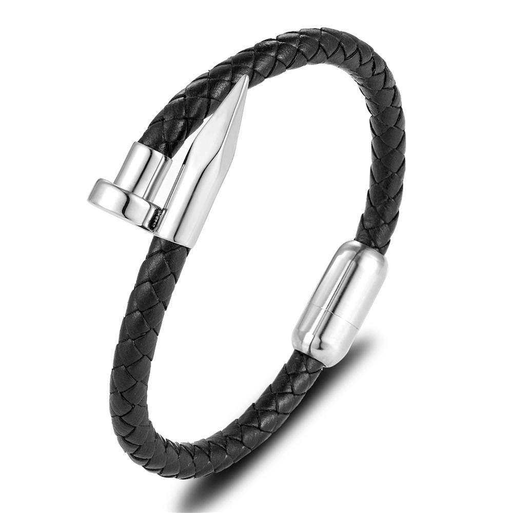 Stainless Steel Hand-woven Bracelet Male Black Leather Bracelet Retro Magnetic Buckle Nail Leather Cord Bracelet